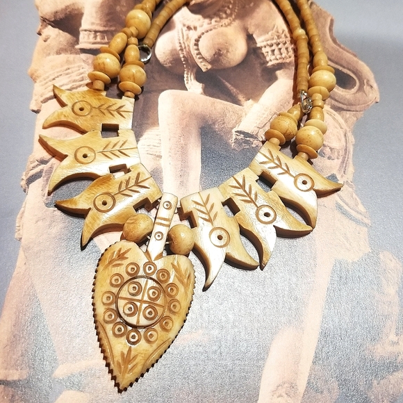 Antiq African Tribal Adinkra Symbol Hand Carved Bone Necklace - Picture 2 of 8